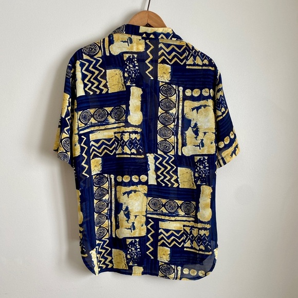 Vintage Como Studio | Navy Gold Abstract Funky 90s Sheer Blouse - Picture 2 of 3